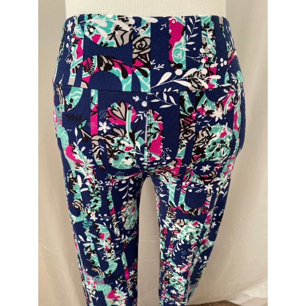 LuLaRoe Women's Navy Multi-Color Floral Abstract Print Stretch Leggings One Size - Picture 2 of 6